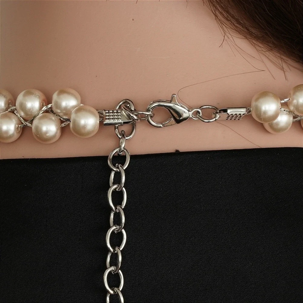 Double Strand Woven Faux Pearl Necklace Silver Tone Cream Beaded Statement Clasp